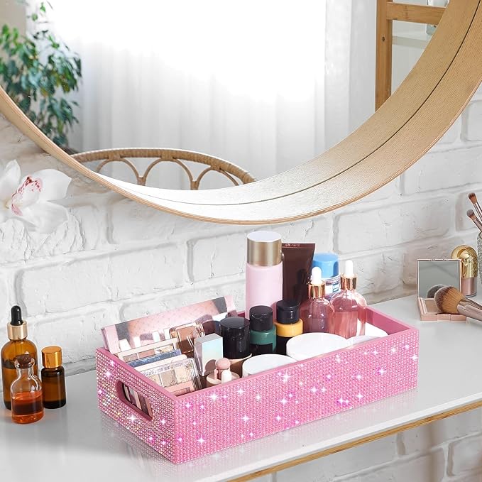 Honeydak Bling Rhinestone Bathroom Basket with Handle 13" x 6" x 3" Toilet Tank Tray, Crushed Diamond Bathroom Decor Accessories, Back of Toilet Storage Organizer, Sparkly Gifts for Women(Pink)