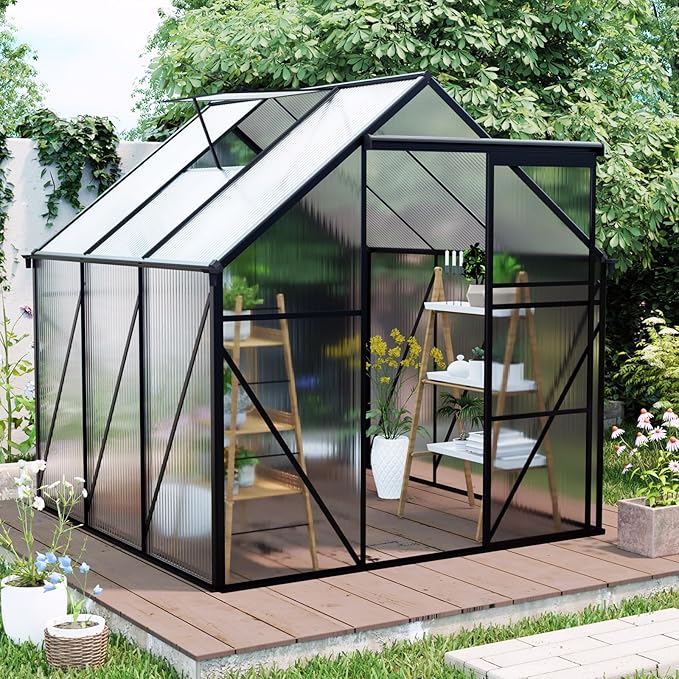 6X8FT Greenhouse for Outdoor, Polycarbonate Greenhouse with Raised Base and Anchor, Heavy-Duty Walk-in Green House with Adjustable Roof Vent and Gutter System for Patio,Backyard (Black, 6X8 FT)