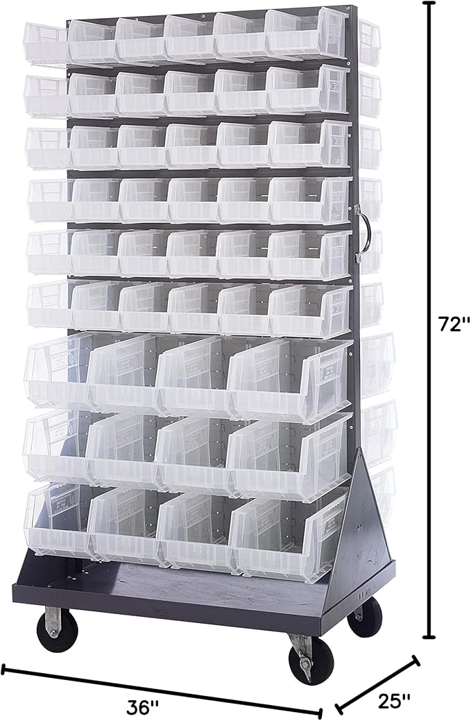 Quantum Storage Systems QMD-36H-230240CL Mobile Double Sided Gray Louvered Rack System with Bins, 36” L x 25” W 72” H, Clear