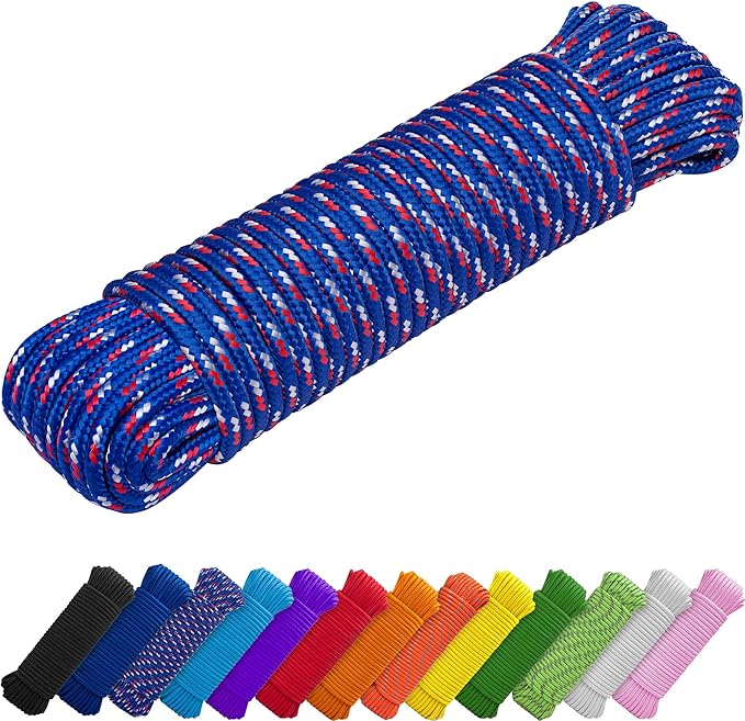 TECEUM Rope – 90 Feet x 1/4 Inch (7mm) – Patriot Mix – Strong All-Purpose Utility Rope – Camping, Crafting, Flag Pole, Indoor & Outdoor – Polypropylene Nylon Poly Lightweight Diamond Braided Cord