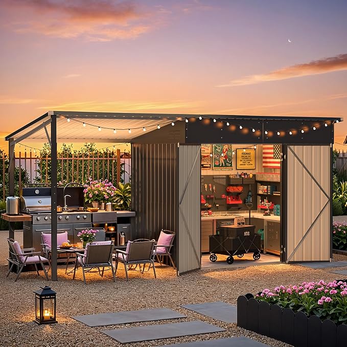 AECOJOY 14x6 Outdoor Open-Sided Metal Storage Shed, 8' x 6' Sheds & Outdoor Storage with 48 Sq. Ft Covered, 6x8 Small 2-in-1 Tool Shed with Attached Hardtop Metal Pergola Gazebo for Patio