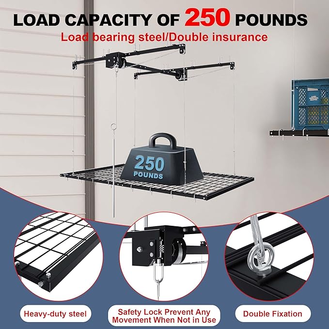 4x4 Garage Ceiling Storage Racks With Crank Lift, Garage Overhead Storage Racks For High Ceilings 10–12 Ft, 250 Lbs Load Capacity, All-Steel Frame, Garage Organization System (8 x 4)