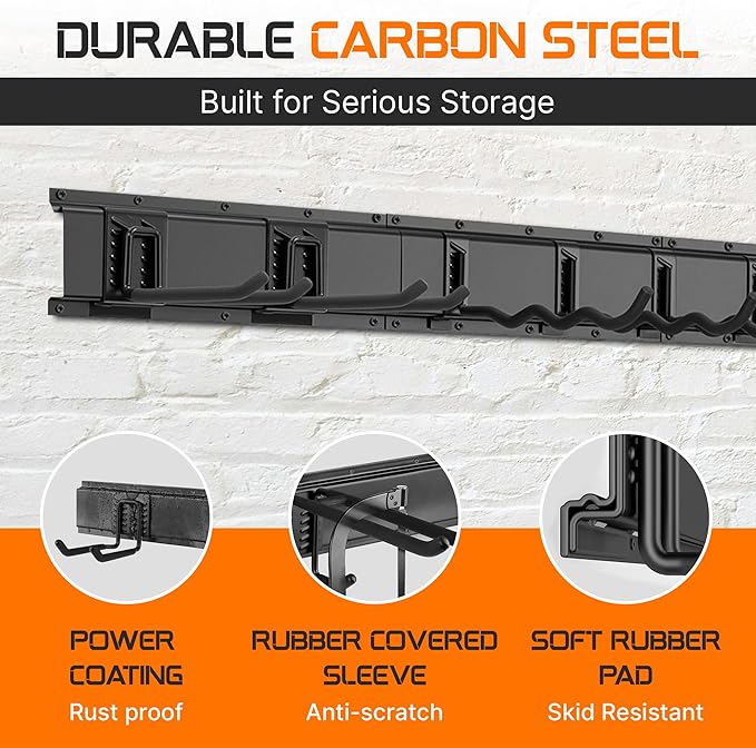 "48 Garage Tool Organizer Wall Mount - Heavy Duty 520lbs Metal Storage Rack, Easy Install Adjustable Hooks for Garden Tools Brooms