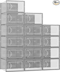 Shoe Storage Box, 15 Pack Clear Plastic Stackable Shoe Organizer for Closet, Interlocking Design Shoe Container Bins for Sneakers, Foldable Shoe Rack with Lids, Gray