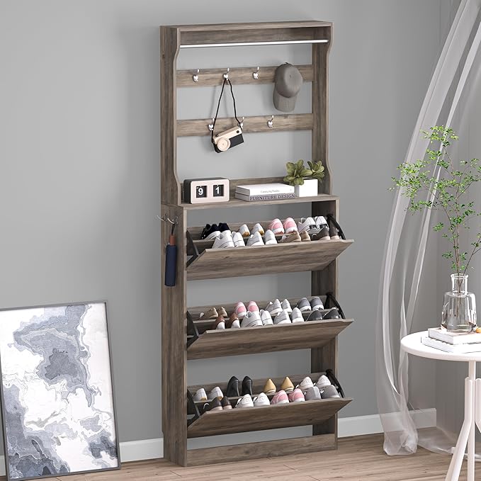 Shoe Cabinet with 3 Flip Drawers & Coat Rack, Narrow Hidden Shoe Storage Cabinet, 2-in-1 Hall Tree Slim Freestanding Shoe Rack Organizer for Entryway, Hallway, and Living Room