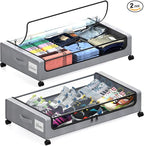 Under Bed Storage with Wheels, 2 Pack Under Bed Storage Containers with Dividers & Clear Lids, XXL 65L Under the bed storage Organizer Bins, Underbed Storage with Wheels for Clothes (Gray, 2 Pack)