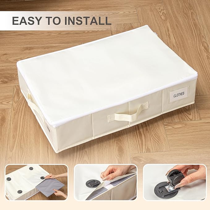 Under Bed Storage with Wheels, 2 Pack Under Bed Storage Containers with Label Holders for Clothes, Shoes and Blankets, Rolling Underbed Shoe Organizer with Cover, Beige (30.71x15.7x7.28 in)