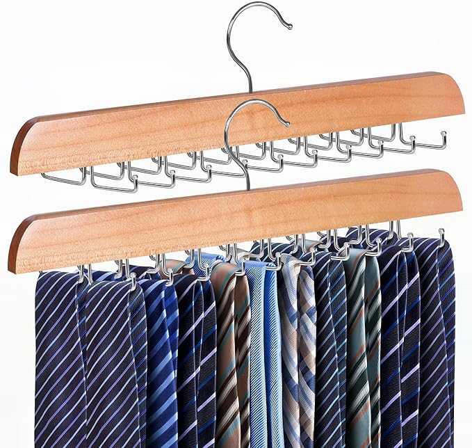Tie Rack Hanger for Closet 20 Foldable Hooks, 2 Pack Wooden Non Slip Large Capacity Space Saving Tie and Belt Organizer with 360°Rotating Hooks for Tank Tops Bras Scarves Hat