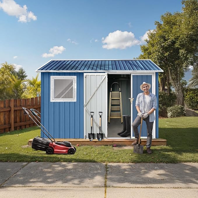 8' x 6' XL Outdoor Storage Shed, Sturdy Metal Building w/Floor and Operable Window for Garden, Backyard, Poolside and Lawn, Blue