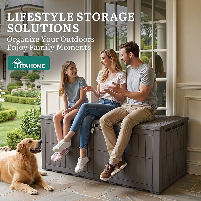 YITAHOME XL 200 Gallon Large Deck Box, Waterproof Resin Outdoor Storage Box with Lock and 3-Person Bench Seating for Patio Furniture Cushions,Garden Tools & Pool Accessories, Light Brown