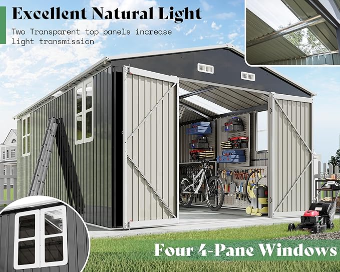 AMERLIFE 10x16x7 FT Outdoor Storage Shed with 2 Transparent Panels, Metal Garden Shed with Hinged Double Doors, 4 Windows & 4 Vents, Reinforced Steel Frame for Backyard, Garden, Dark Gray