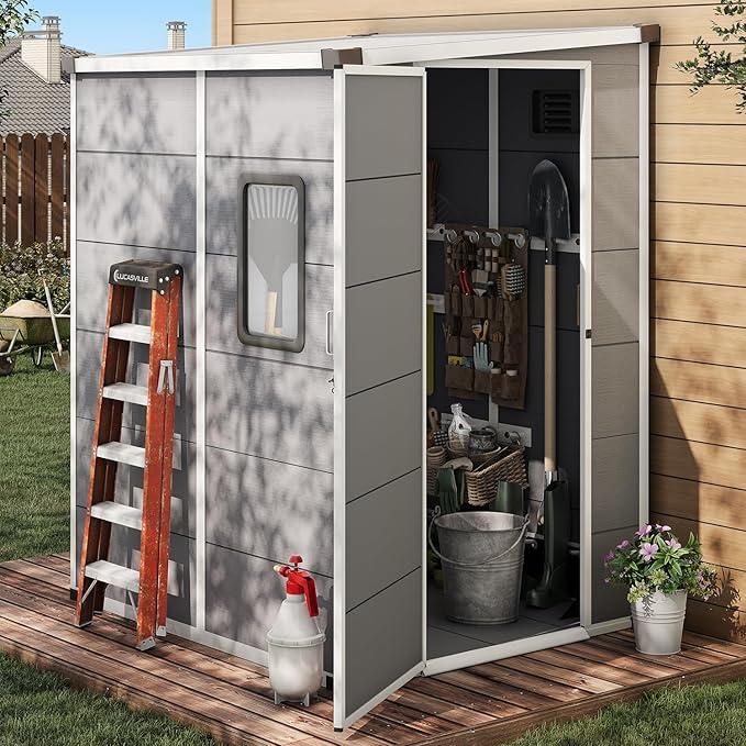 5 x 4 FT Resin Outdoor Storage Shed, All-Weather Plastic Garden Shed with Floor, Lockable Doors & Windows, Plastic Tool Shed for Poolside, Backyard, Patio