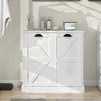Tilt Out Laundry Sorter Cabinet with 2 Removable Liner Bags,Divided Laundry Hamper Cabinet with Semi-Circular Metal Handle and Barn Door for Space Saving (Style-01)