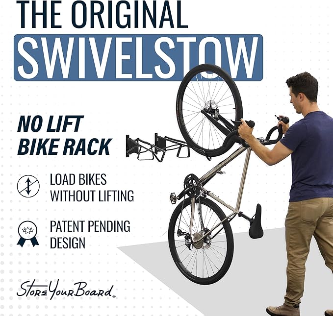 StoreYourBoard SwivelStow Bike Rack Garage Storage Rack 4 Pack - 2 MTB & 2 Road & Gravel Bike Wall Mounts - Heavy Duty Bike Hanger - No-Lift Bike Rack Garage Storage Rack - Holds 70 lb Capacity