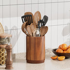 ZUJJAFY Utensil Holder, 360° Rotating Acacia Wood Kitchen Utensil Holder for Counter, 7.2" Large Cooking Utensil Crock for Countertop, Wooden Utensils Organizer for Cooking Spatula Storage