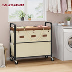 Tajsoon 148L Large Laundry Sorter 3 Section, Laundry Hamper with Heavy Duty Lockable Wheels, Rolling Laundry Cart with Sturdy Metal Frame, Leather Patchwork Laundry Basket with Removable Bag, Beige