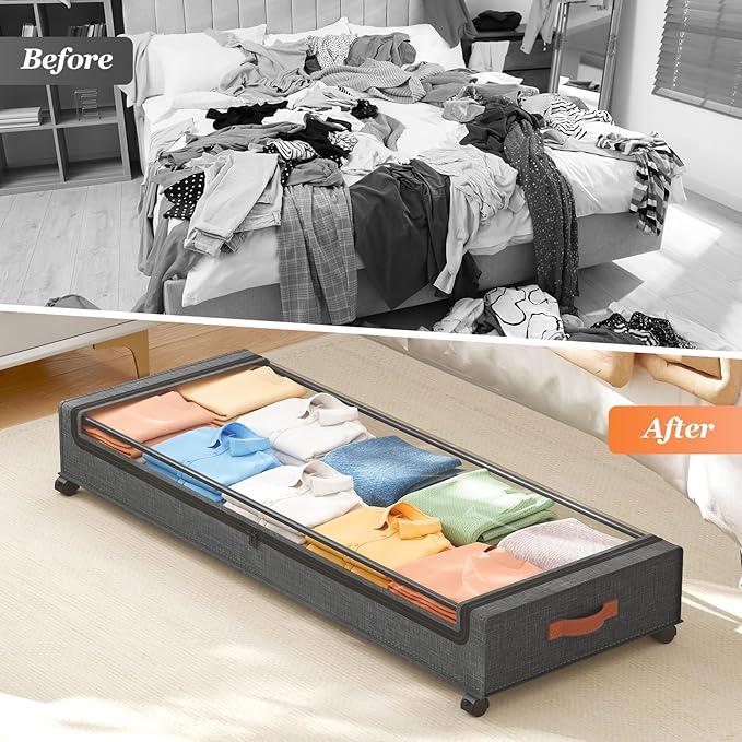 Yecaye Under Bed Storage with Wheels 2 Pack, 85L Extra Large Under Bed Storage Containers with Metal Frame & Clear Lid, Rolling Underbed Organizer Bins Drawers for Clothes, Shoes, Blankets, Hemp Grey