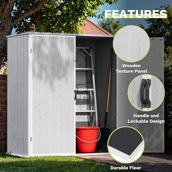 Devoko 5x3 FT Resin Outdoor Storage Shed with Floor, Plastic Outdoor Storage Cabinet, Waterproof Vertical Tool Shed with Lockable Door for Patio, Garden, Backyard, Light Gray