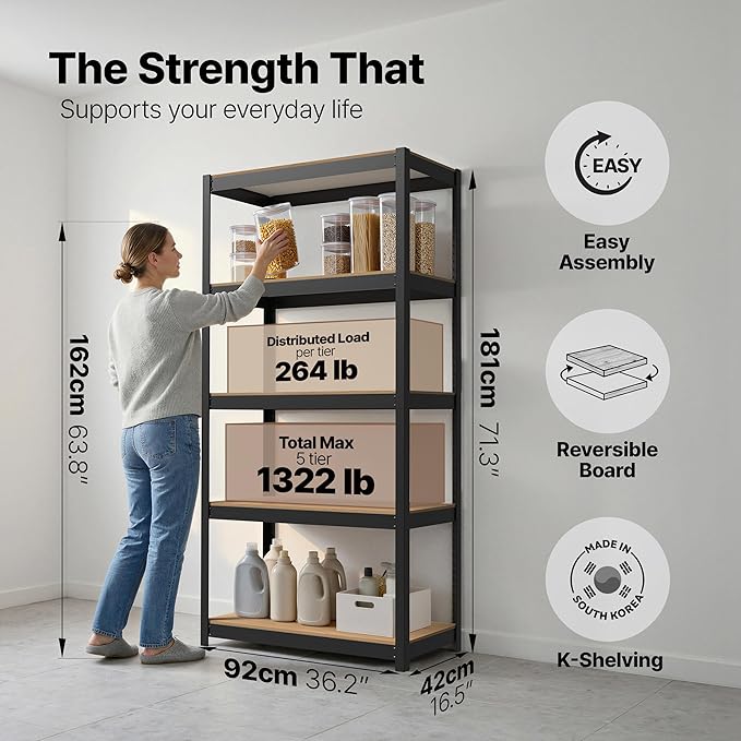 HOMEDANT House 5 Tier Heavy Duty Garage Shelving Adjustable Metal Rack Storage Shelves Standing Shelf Unit Organizers Pantry Closet Office (1, Black, 36.2" W x 16.2" D)