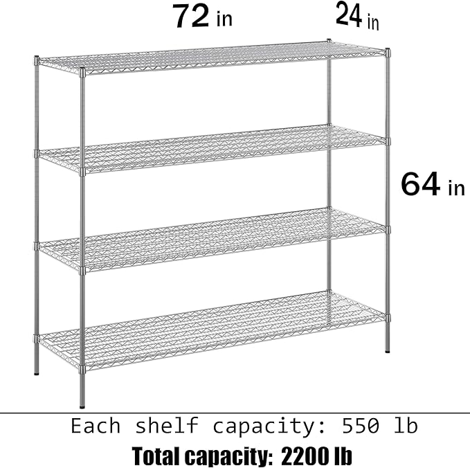 24" Deep x 72" Wide x 64" Height Wire Shelving Kit | 4-Tier | NSF Commercial Storage Rack Unit