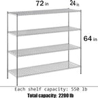 24" Deep x 72" Wide x 64" Height Wire Shelving Kit | 4-Tier | NSF Commercial Storage Rack Unit