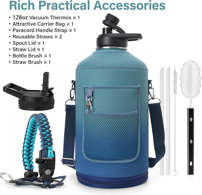 1 Gallon Insulated Water Bottle | Upgraded Thickened Stainless Steel Metal Portable Sports Large Water Jug for Gym and Hiking with Carrier Bag, Handle Strap | BPA-Free 128 oz