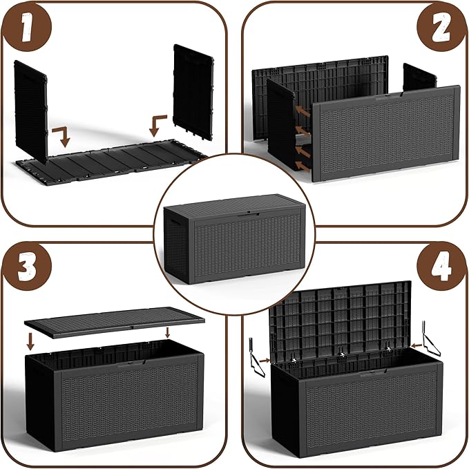 EFU Outdoor Storage Box 100 Gallon Deck Box Resin Outdoor Toy Storage With Lockable Lid, Hydraulic Struts, Rattan Style Package Delivery Boxes for Outside Patio Yard Garden (Black)