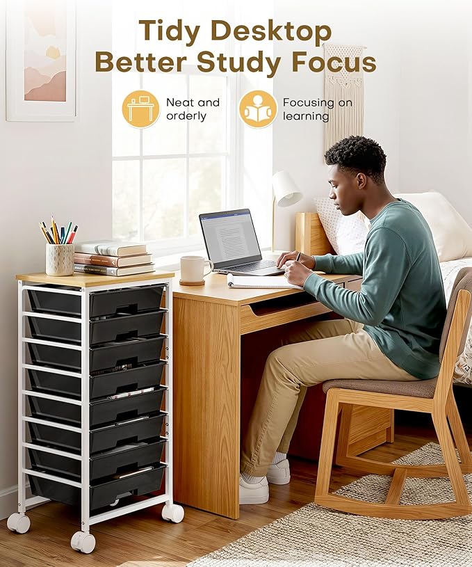 Homde Rolling Storage Drawer Cart: 8-Drawer Sort to Clear Desk & Dresser Clutter - Anti-Fall Smooth Glide Prevents Spill-Out During Daily Grab - Lockable Wheels Keep It Steady
