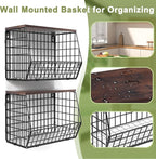 Fruit Basket for Kitchen Counter 2 Tier Fruit Bowl, Stackable Wall Mounted Hanging Fruit Basket Wire Baskets with Wood Lid with 4 Banana Hanger Hooks, Onion Basket, Fruit and Vegetable Storage