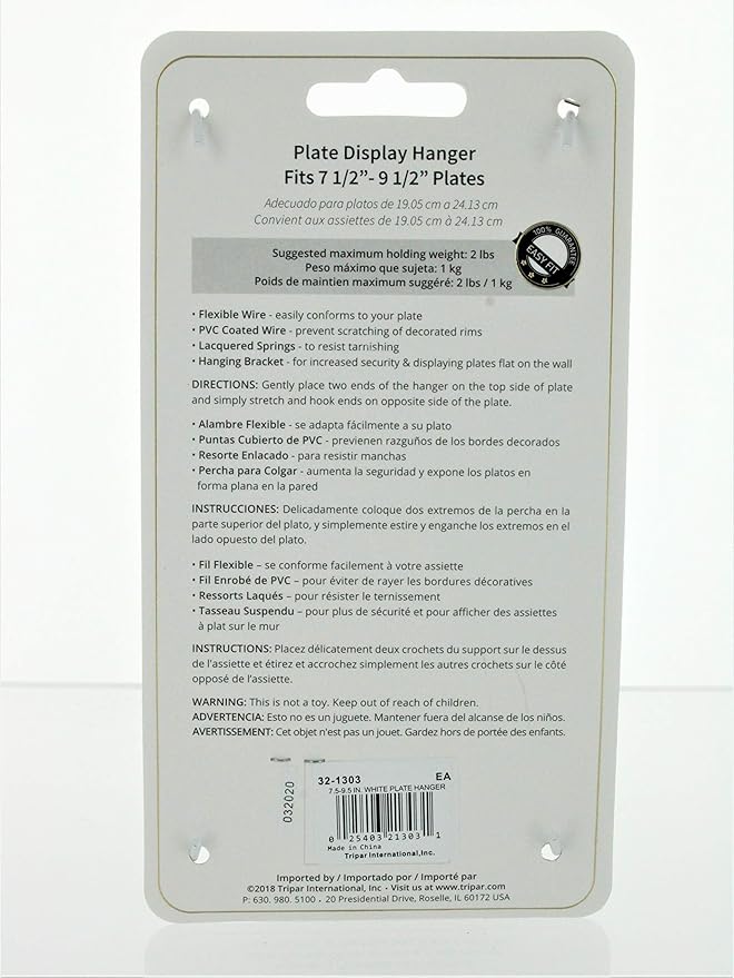 Tripar Wall Plate Hanger, White Wire (7.5-9.5 Inch) - Durable, Flexible Coils Conform to Most Plates - Holds Up to 2lbs on Wall - Features Clear Coated Vinyl Tips and Sleeves to Prevent Scratches.