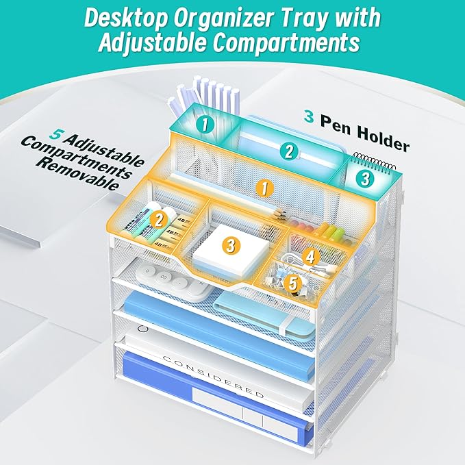 5 Tier Mesh Desk Organizer,Multi Functional Letter Paper Tray with 3 Pen Holders and 5 Adjustable Storage Compartments for Office Supplies Files and Mail Space Saving Desktop Organizer-White