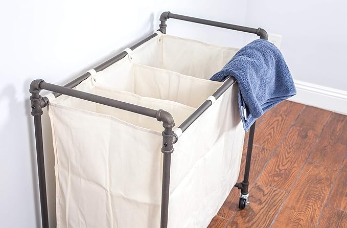 028-28003 Modern Industrial Style 3 Section Laundry Sorter, 33.24” W x 17.10” D x 30.50”H, Satin Pewter