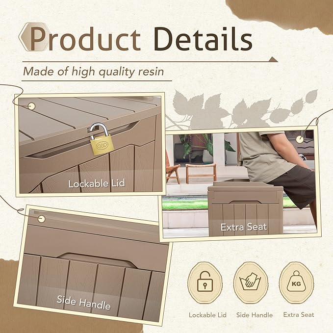 Flamaker Deck Box 31 Gallon Waterproof Resin Small Deck Box with Lid, Indoor Outdoor Package Delivery Box, Organization and Storage for Patio Furniture, Garden Tools, Outdoor Cushions (Light brown)