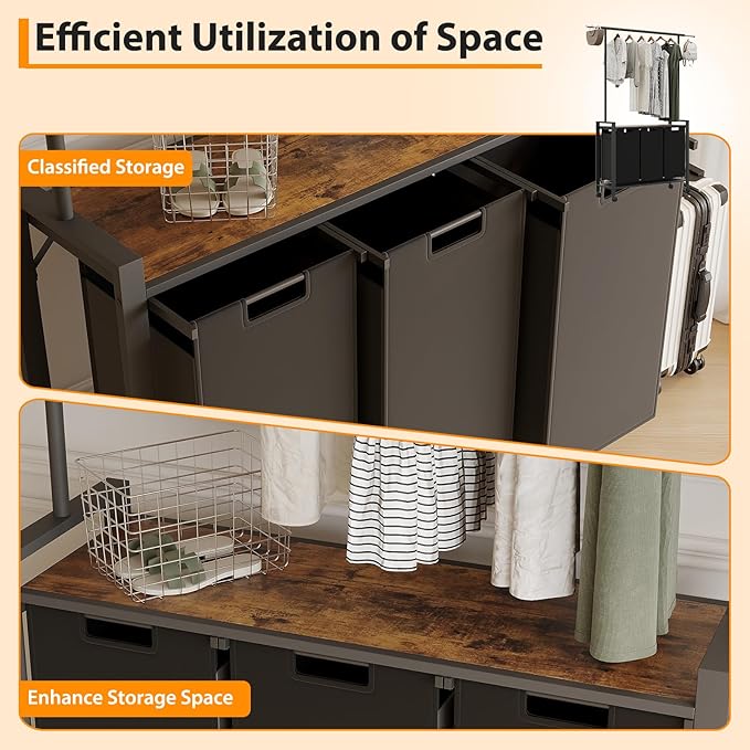 Laundry Sorter Cart with Extendable Hanging Rod, Compact 3 Section Laundry Hamper On Wheels for Apartments, Rolling Laundry Organizer, Dirty Cloth Hamper for Bathroom Laundry