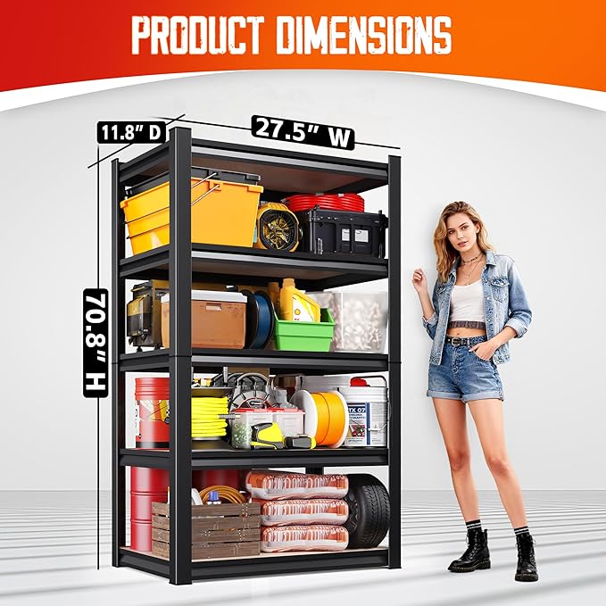 (2-Pack) 71" H-28 W-12 D Garage Shelving - 5 Tier Heavy Duty Metal Storage Shelves, Adjustable Steel Rack Units, Industrial Utility Shelving for Pantry, Basement, Warehouse & Home Organization