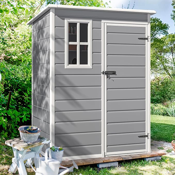 DWVO 5x3 FT Outdoor Storage Shed with Floor, All-Weather Resin Storage Shed with Window & Lockable Door, Waterproof Plastic Tool Storage for Garden Patio, Gray