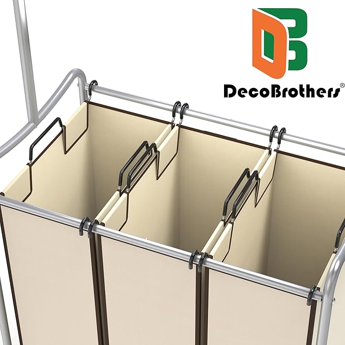 Deco Brothers Heavy Duty 3 Bag Extendable Laundry Sorter Cart with Hanging Bar, Beige