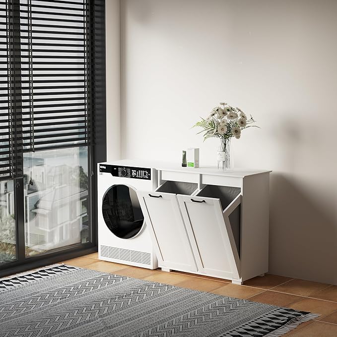 Tilt Out Laundry Sorter Cabinet with 2 Removable Liner Bags,Divided Laundry Hamper Cabinet with Semi-Circular Metal Handle and Barn Door for Space Saving (Style-02)