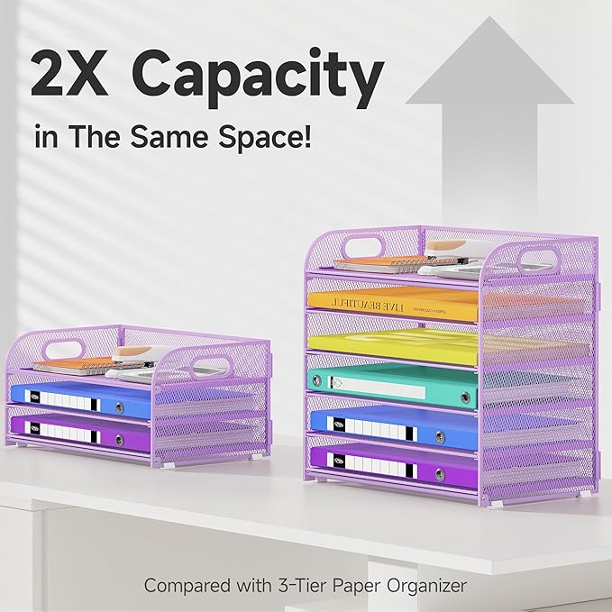 6 Tier Paper Organizer, Purple Letter Tray with Handle, Mesh Desk Organizer, Metal File Organizer, Office Desk Accessories for Home, Office, Classroom, School