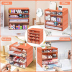 Desk Storage Organizer with 9 Drawers, 4 Tiers Stackable Desktop Craft Storage Drawers, Clear Storage Box Caddy for Stationary Makeup Jewelry Office Craft Supplies (Orange)