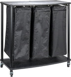 Household Essentials 3-Bag Laundry Sorter, Smooth Laminate Shelving, Sturdy Steel Frame, Wheeling and Stationary Feet Options, Washable Linen Laundry Bags, 3-Load Capacity, Versatile, Black
