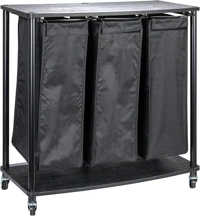 Household Essentials 3-Bag Laundry Sorter, Smooth Laminate Shelving, Sturdy Steel Frame, Wheeling and Stationary Feet Options, Washable Linen Laundry Bags, 3-Load Capacity, Versatile, Black