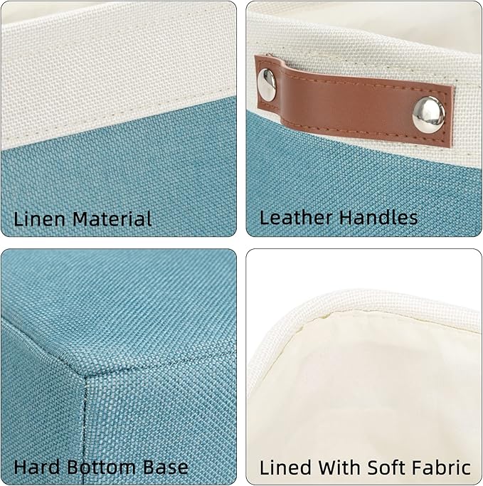 DULLEMELO Fabric Bathroom Storage Bin with Leather Handles, Narrow Organizer for Towels, Toilet Paper Rolls, Storage Basket for Back of Toilet, Vanities, Shelves & Cabinets (White&Teal)