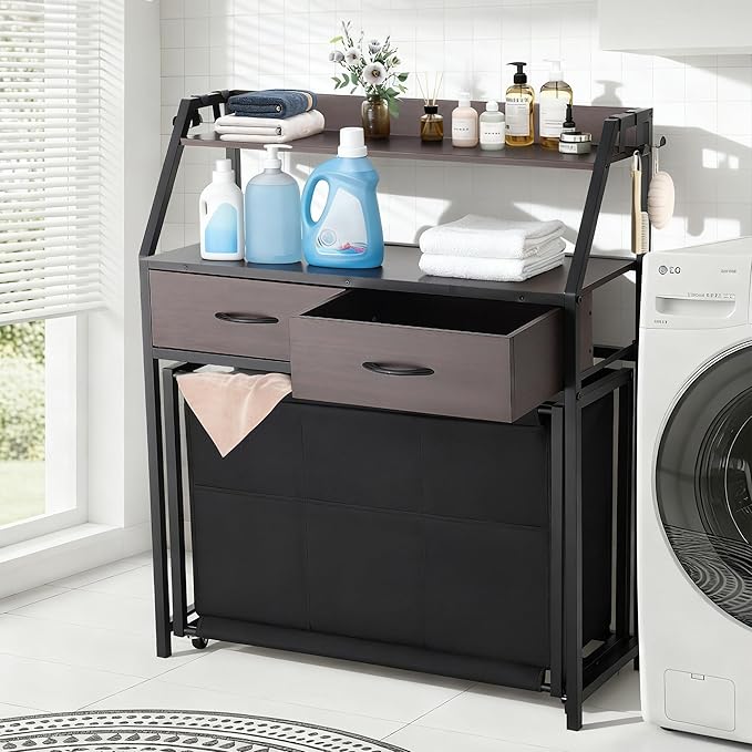 Laundry Hamper with Shelf, 2 Tier Rolling Laundry Hamper 3 section, Laundry Sorter Basket with Wheels, Pull-Out Removable Large Bags, Metal Frames, Wood Drawers for Bathroom, 150L, Rustic Brown