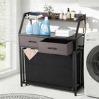 Laundry Hamper with Shelf, 2 Tier Rolling Laundry Hamper 3 section, Laundry Sorter Basket with Wheels, Pull-Out Removable Large Bags, Metal Frames, Wood Drawers for Bathroom, 150L, Rustic Brown