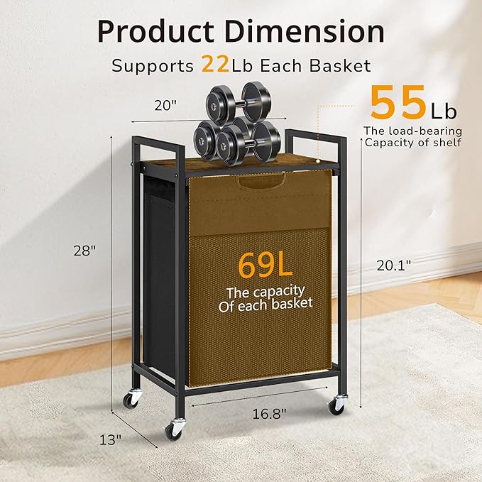 Laundry Sorter, Laundry Basket with 1 Pull-Out Removable Oxford Fabric Bag, 1 x 18.3 Gallons, Total 69L, Cloth Laundry Hamper with a Top Shelf 20"x13" (Black and Rust)