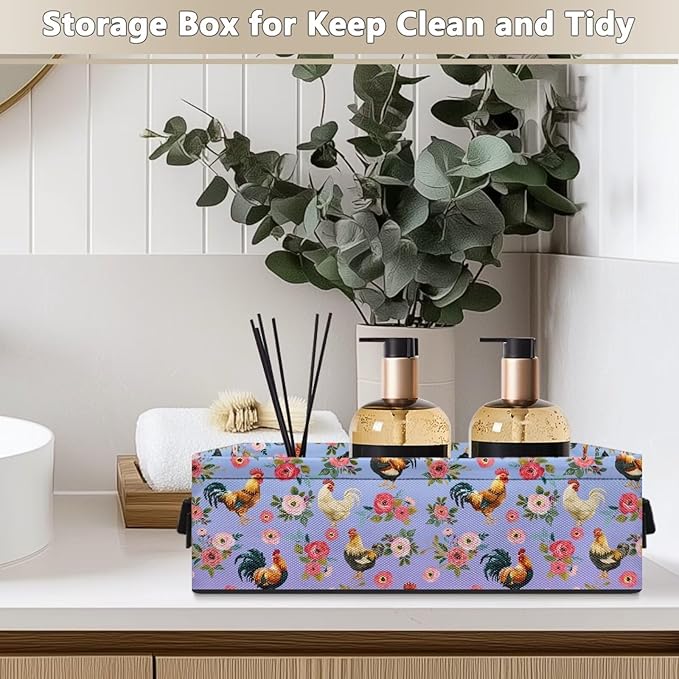 Bathroom Storage Basket Foldable Storage Bin with Handles for Easy Carrying, Rectangular Toilet Paper Organizer for Countertops Laundry Decor, Rooster Chicken Rose Blue Violet Gradient
