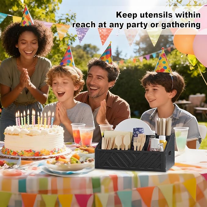 Paper Plate Dispenser for Party, Wood Outdoor Utensil Caddy for Parties, Paper Plate Holders Organizer for Countertop, Black Silverware Holder for Buffet Cutlery, Plates,Flatware, Utensils and Napkins