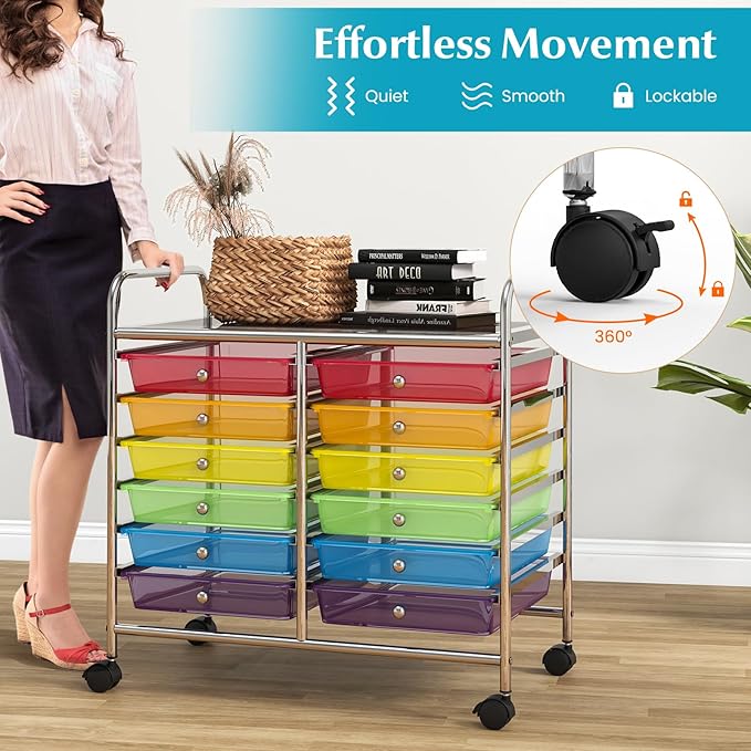 GOFLAME 12-Drawer Rolling Storage Cart, Multifunctional Art Craft Organizer Cart, Mobile Utility Storage Cart with Removable Drawers & Lockable Wheels, Craft Cart for Home Office School, Rainbow