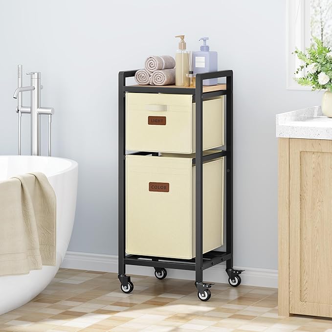 FAVOOSTY Laundry Hamper with Shelf, 70L Laundry Basket Organizer, Laundry Hamper with Shelf, 2 Section Laundry Sorter for Laundry Room Organization (White)
